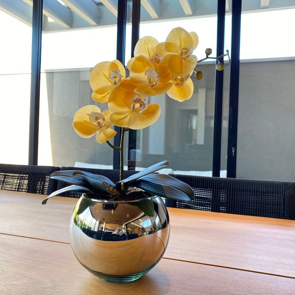 Orquídea Amarela Artificial Arranjo no Vaso Espelhado Flores Permanentes