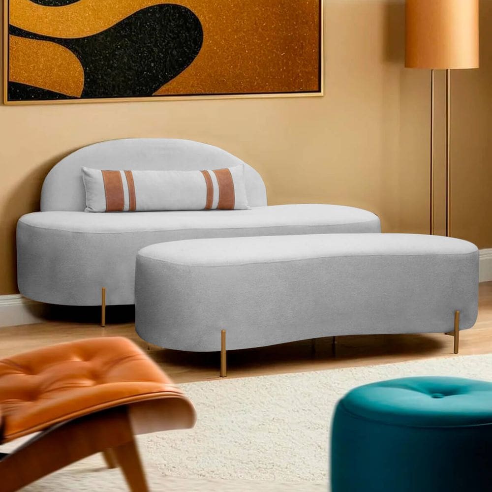 Kit Sofá Namoradeira Orgânica Maitê 1.80m com Puff Cinza SOFA STORE