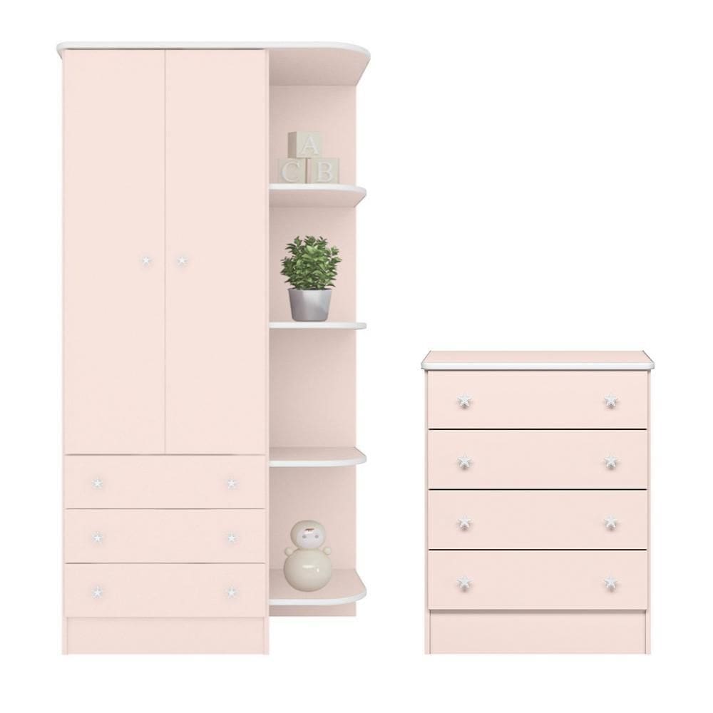 Jogo de Quarto Infantil Doce Sonho com Guarda Roupa 2 Portas e Cômoda 4 Gavetas - Qmovi