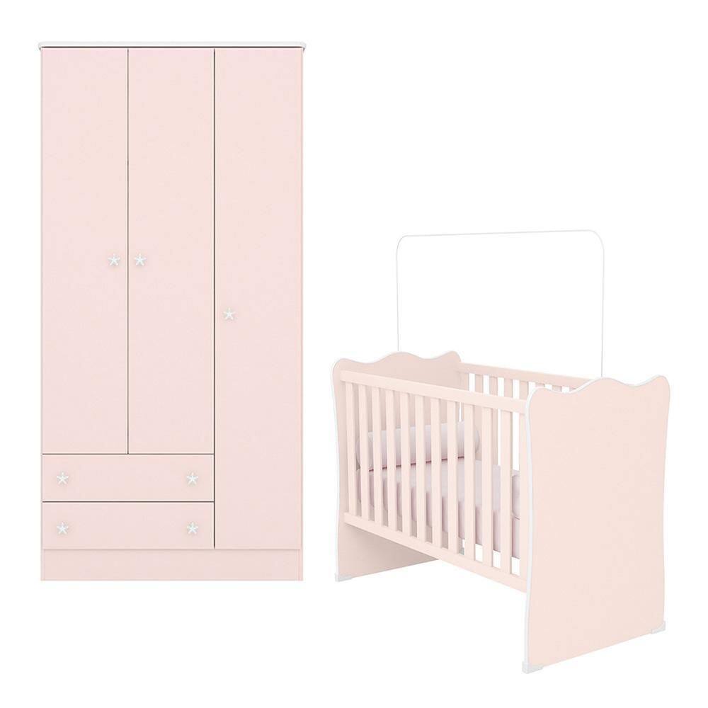 Jogo de Quarto Infantil Doce Sonho Guarda Roupa 3 Portas e Berço - Qmovi