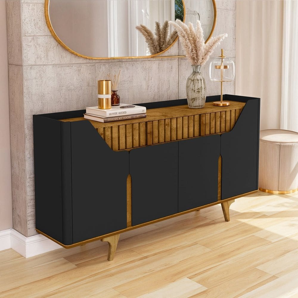 Aparador Buffet Portas em MDF Ripado Real Pés de Madeira Maciça Danúbio Preto Fosco/Naturalle