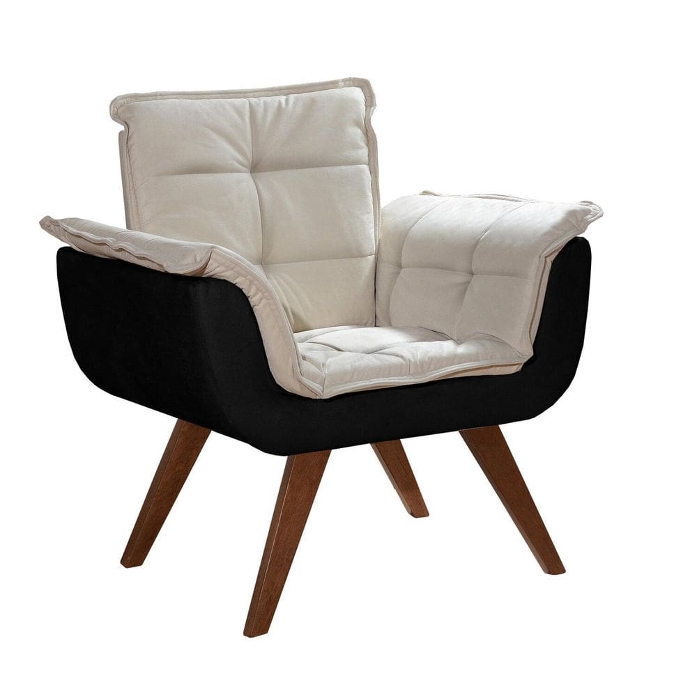 Poltrona Pé Palito Decoração Sala Quarto Recepção Bella Opala Suede Preto/Bege Claro