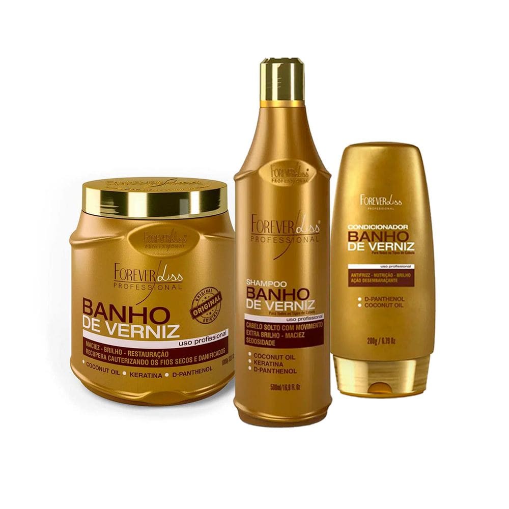 Kit Mega Banho de Verniz Forever Liss Shampoo, Cond, Máscara
