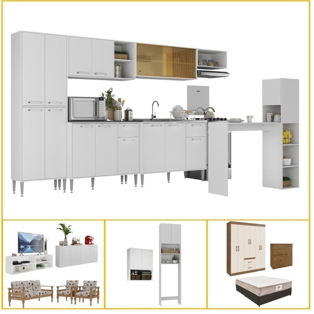 Armário Cozinha Casa Completa Mobiliada 5 Ambientes Multimóveis Cr60009 Branco nogueira Off White