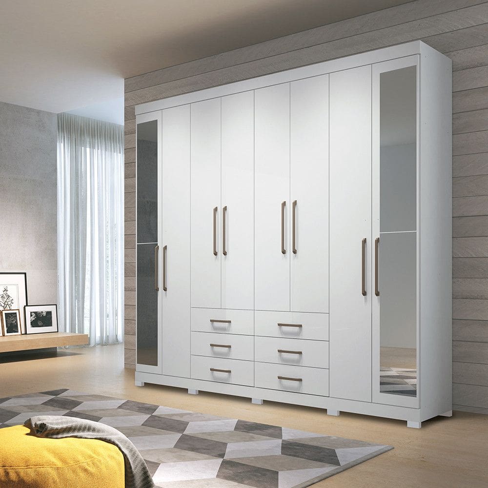 Guarda Roupa Casal 238cm 8 Portas 6 Gavetas com Espelho e Pés Havana Master Santos Andirá