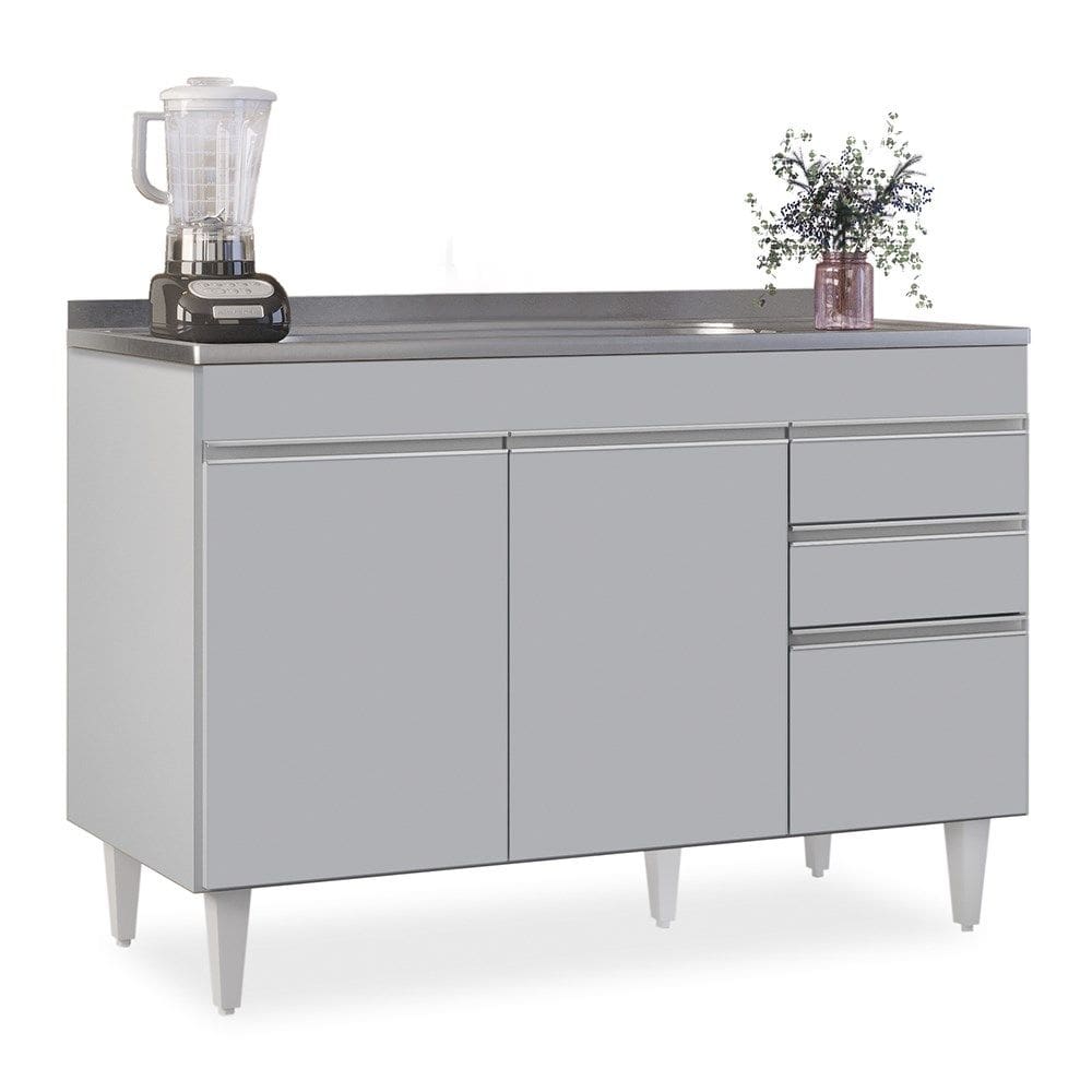 Balcão de Cozinha com Pia Inox 120cm 3 Portas Michigan Cinza Claro - Lumil