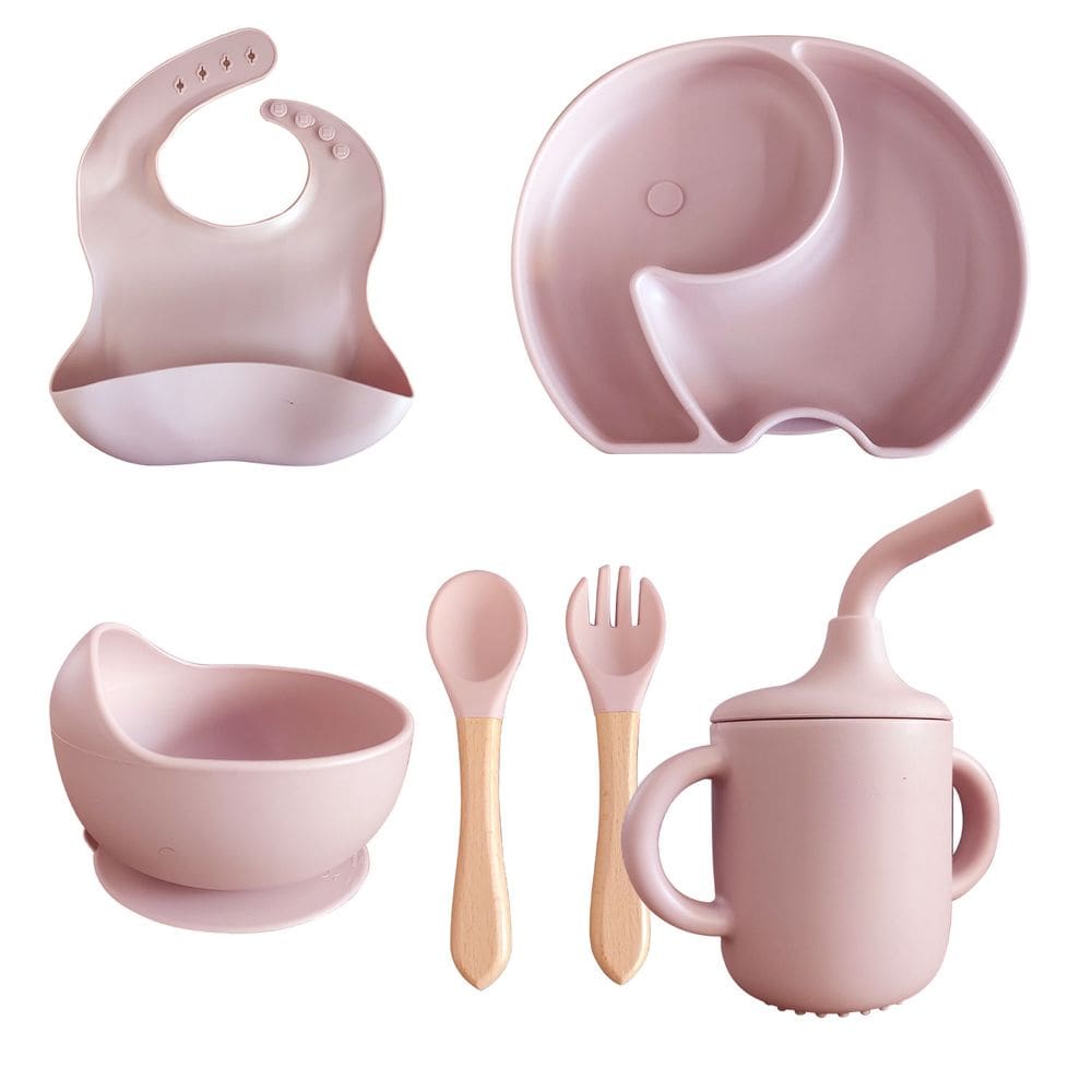 Conjunto Introdução Alimentar Para Bebê De Silicone 6 Peças Prato Talheres copo Bowl e Babador