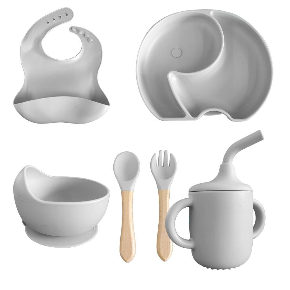 Conjunto Introdução Alimentar Para Bebê De Silicone 6 Peças Prato Talheres copo Bowl e Babador