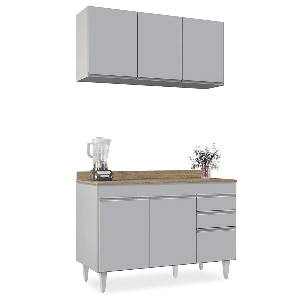 Armário de Cozinha Aéreo Virgínia e Balcão Com Tampo 120cm Michigan Cinza Claro/Castanho - Lumil