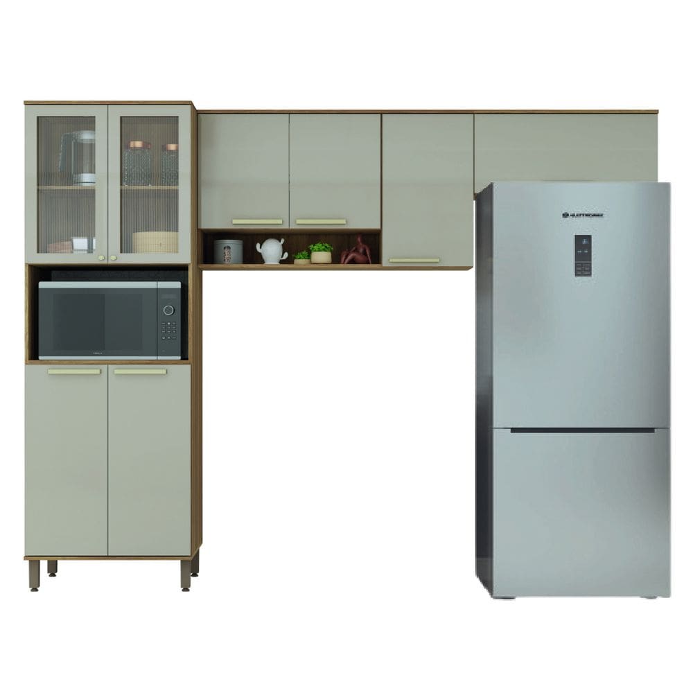 Armário de Cozinha Completa 8 Portas Com Vidro e Nicho Para Micro Ondas Madeirado/Mocca Isis Luciane