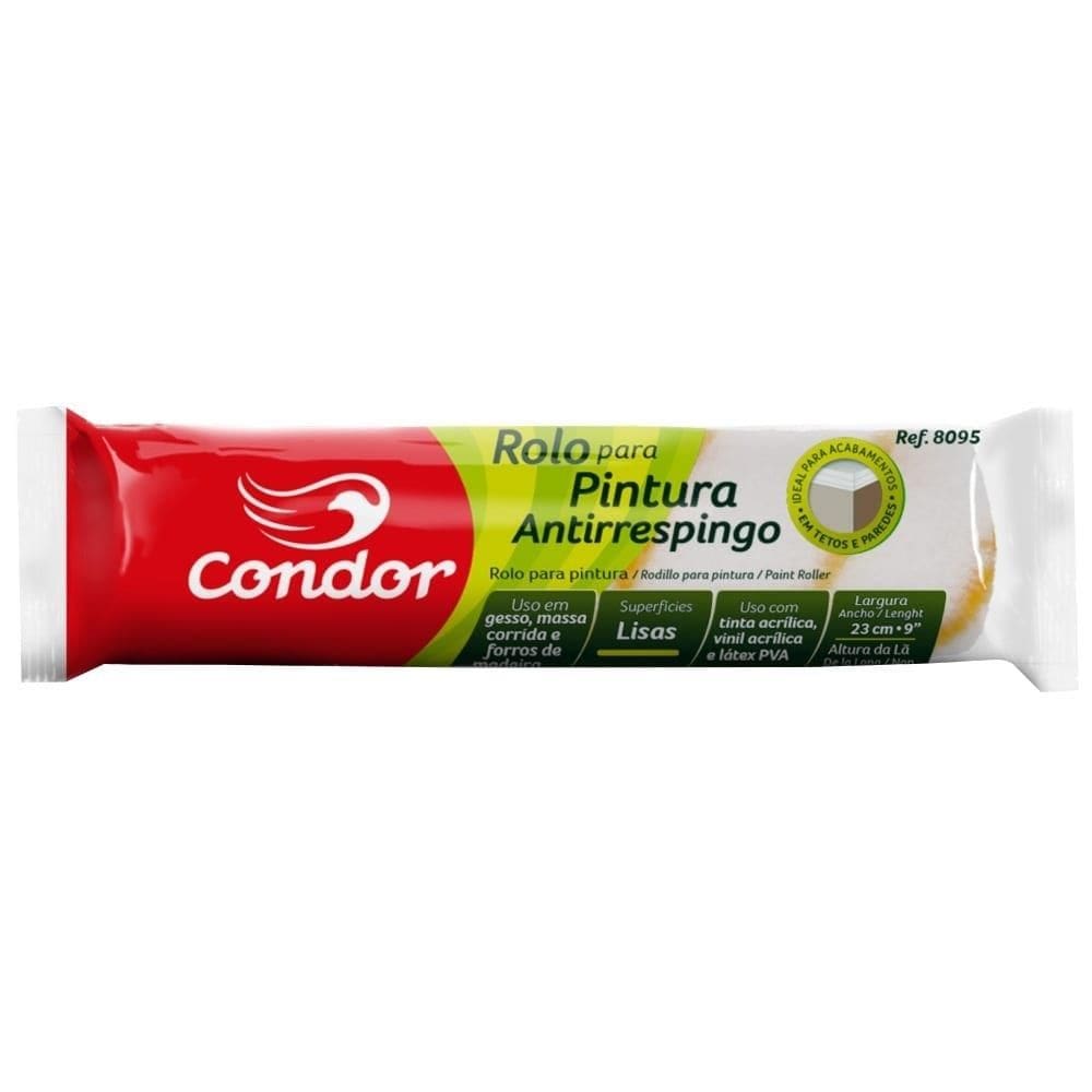 Rolo Lã Sintética Condor Antirrespingo 10mm 8095 23cm sem Suporte - Leve 13 Pague 12 Unidades