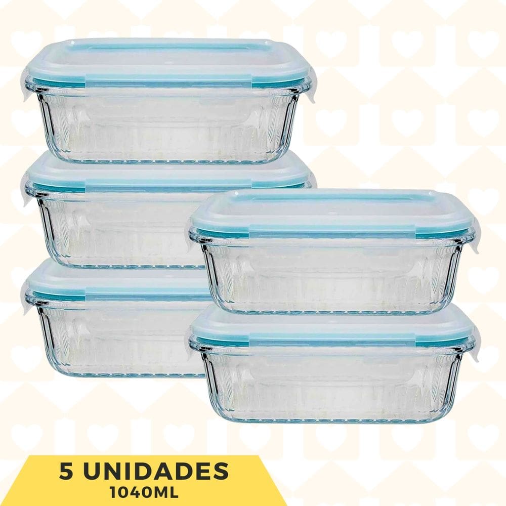 5 Potes Canelado 1040ml Vidro Termico Hermetico Transparente