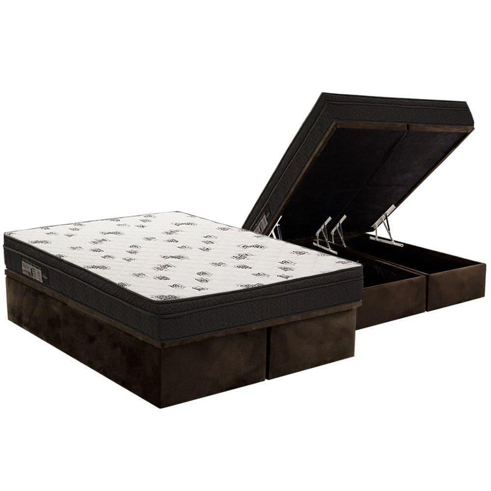 Cama Box Baú Queen: Colchão Espuma Ortobom D45 Ligh Saúde Ortopillow + Base CRC Suede Brown(158x198)