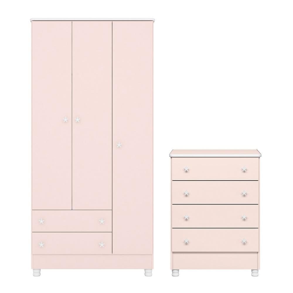 Jogo de Quarto Doce Sonho Guarda Roupa 3 Portas e Cômoda 4 Gavetas com Pés - Qmovi