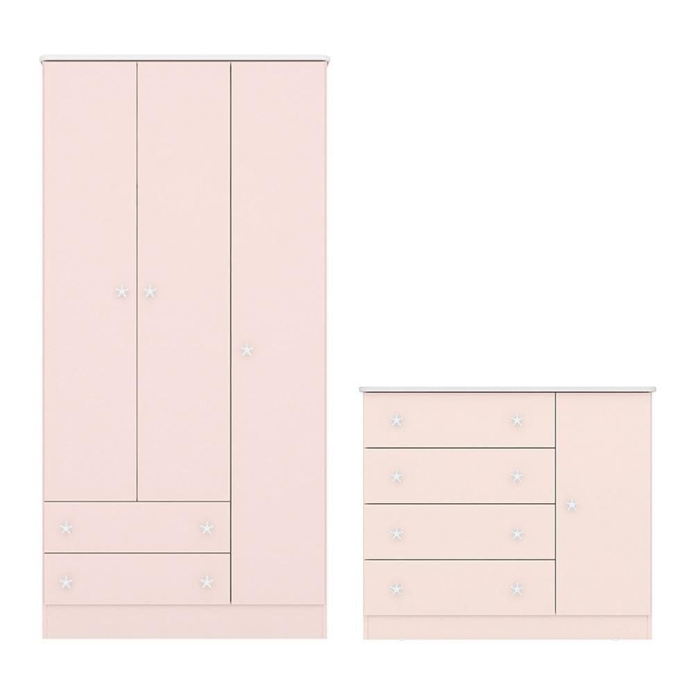 Jogo de Quarto Infantil Doce Sonho Guarda Roupa 3 Portas e Cômoda 1 Porta - Qmovi