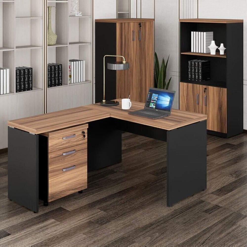 Mesa de Escritório em L com Gaveteiro, Armário Estante e Armário Fechado Espresso Móveis Marrom/Preto