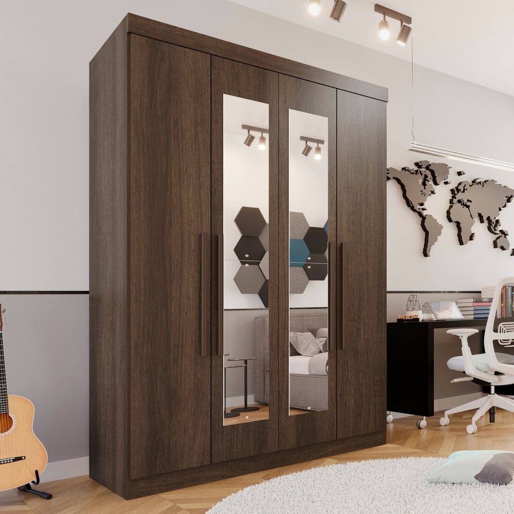 Guarda-roupa Solteiro 4 Portas 3 Gavetas com Espelho Roma Espresso Móveis Imbuia