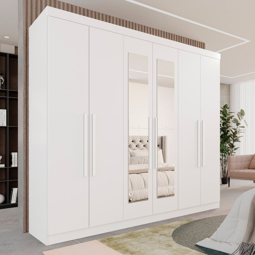 Guarda-roupa Casal 6 Portas 3 Gavetas com Espelho Roma Espresso Móveis Branco