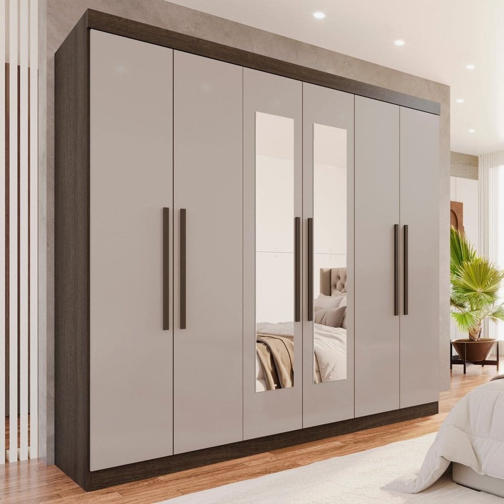 Guarda-roupa 6 Portas 4 Gavetas com Espelho New Malibu Espresso Móveis Imbuia/Off White