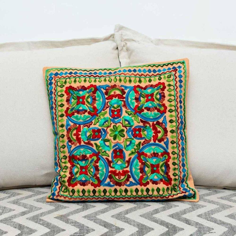 Capa De Almofada Indiana Bordada 100% Algodão 45X45Cm