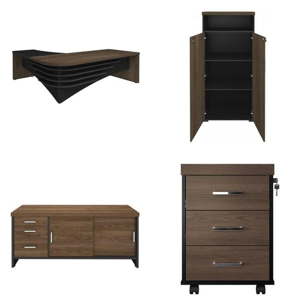 Conjunto para Escritório 5 peças Mesa Tamburato Diretor-Gaveteiro-Armário com nicho- Balcão e Módulo Charuto/Preto