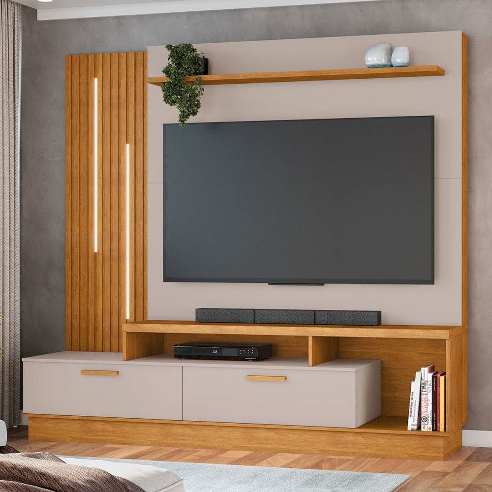 Estante para TV Até 65 Polegadas Despertar 2 Gavetas com Led Cinamomo/Off Cinamomo - Jcm Móveis