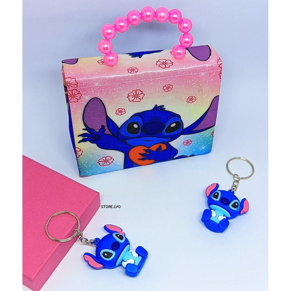 Kit Bolsa Infantil Menina Mini Bag Disney Lilo Stitch Alça Pérola + Chaveiro com Boneco Miniatura Stiitch 3D Presente
