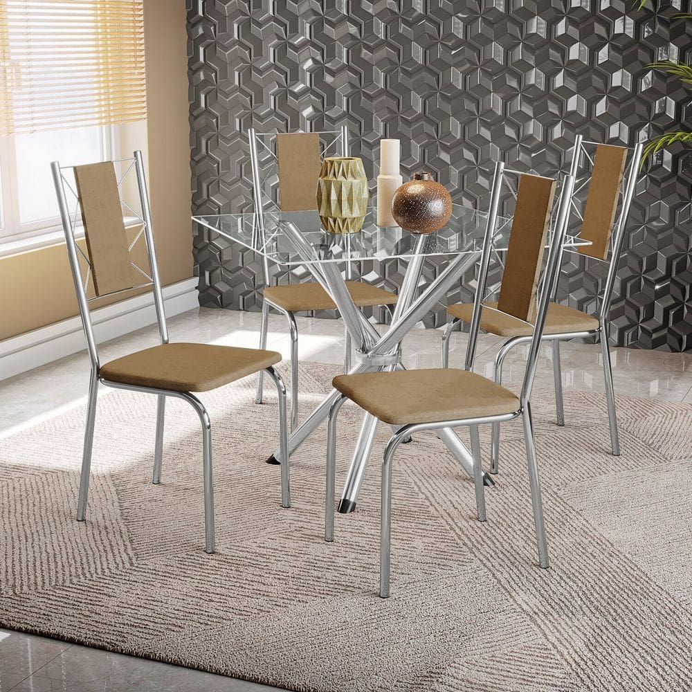 Conjunto Mesa Volga tampo de Vidro e 4 Cadeiras Lisboa Cromado/Capuccino