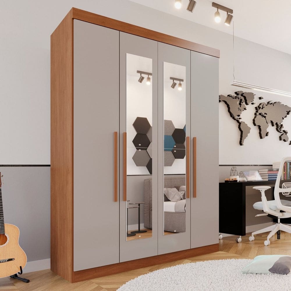 Guarda-roupa Solteiro 4 Portas 3 Gavetas com Espelho Roma Espresso Móveis Cinamomo/Off White