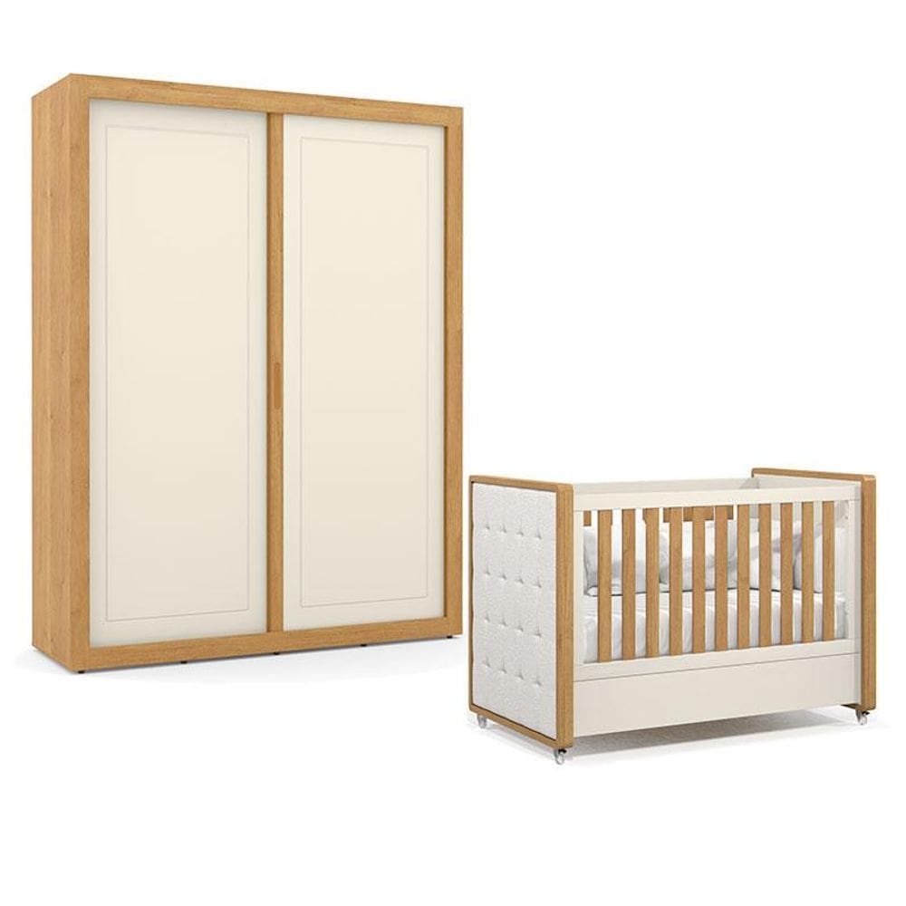 Berço Americano com Capitonê New Boucle e Guarda Roupa Tutto New 2 Portas Freijó Off White - Matic