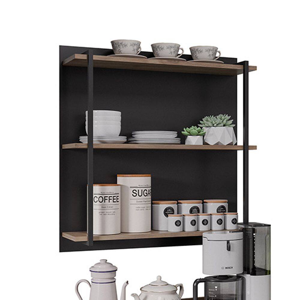 Prateleira Industrial Tripla Cozinha Suspenso Painel Emi 70,5cm Preto/Freijó M12 - D`Rossi