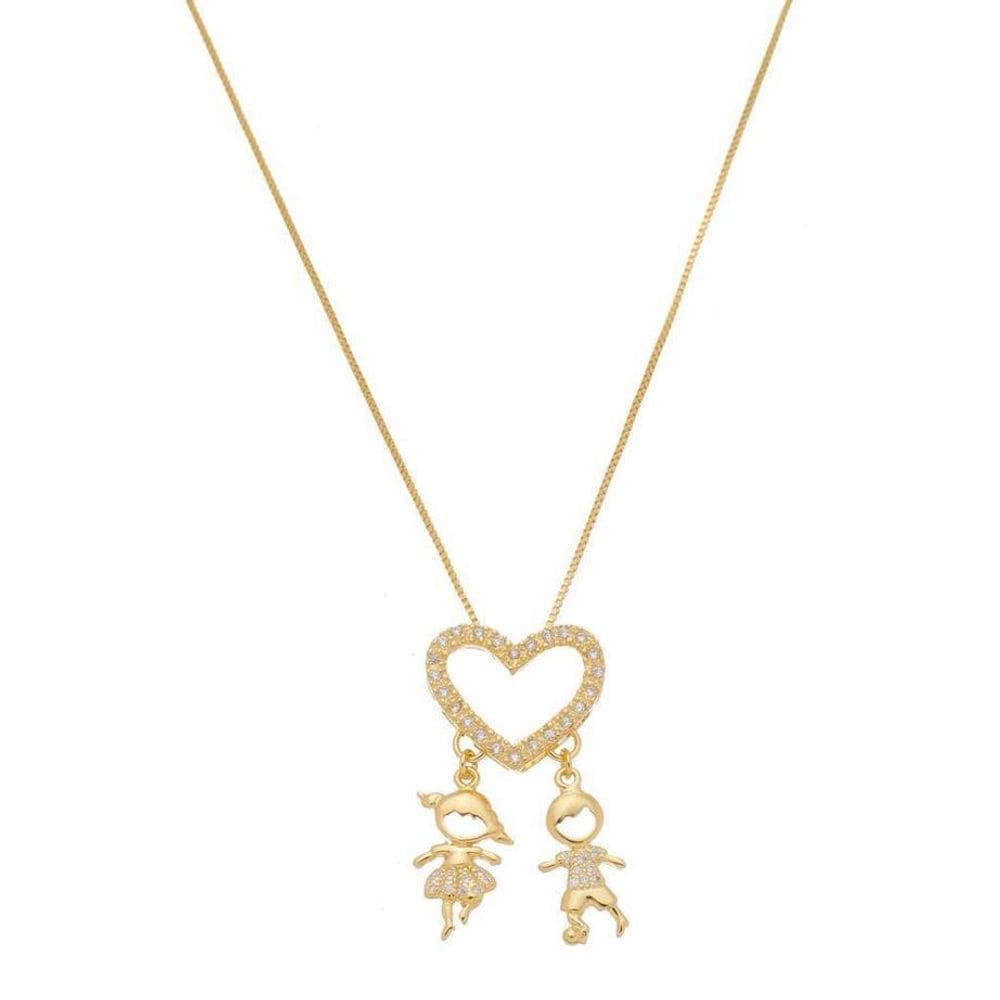 Colar Com Pingente Casal Filhos Banho De Ouro