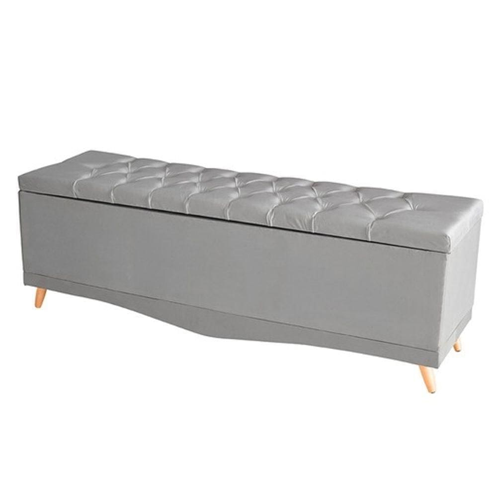 Recamier Calçadeira Baú Helena King 195 Cm Botão Encapados Pés Palito Suede Prata Eli Móveis