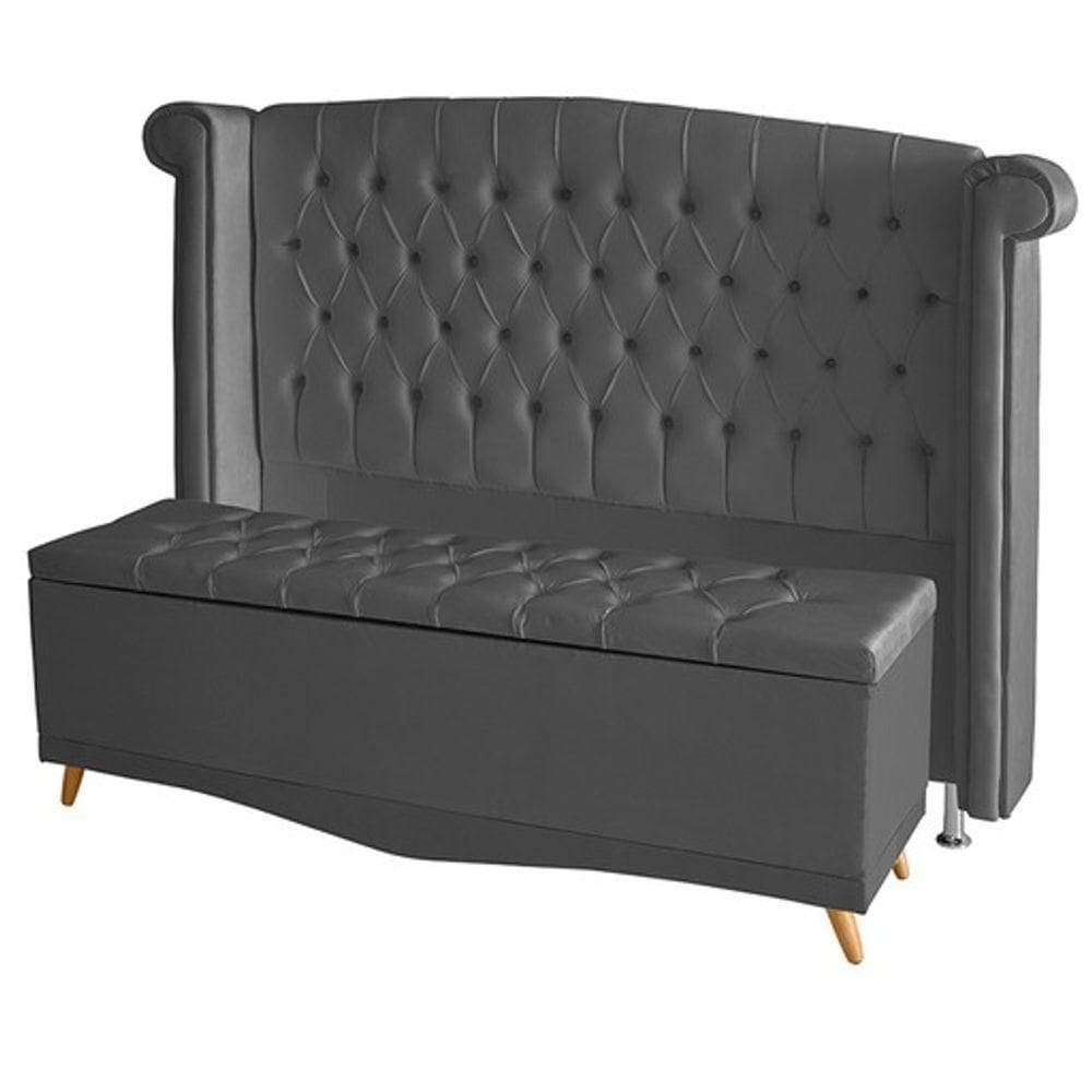 Kit Cabeceira De Cama Box E Calçadeira Baú Luxo Casal 140 Cm Suede Grafite Eli Móveis