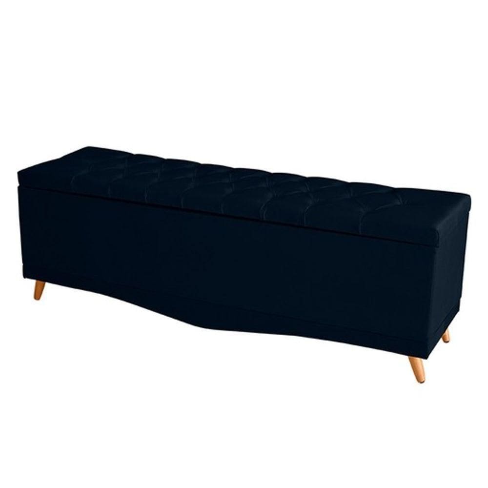 Kit De Cabeceira De Cama Box E Calçadeira Baú Helena Queen 160 Cm Retro Capitonê Suede Azul Marinho Eli Móveis