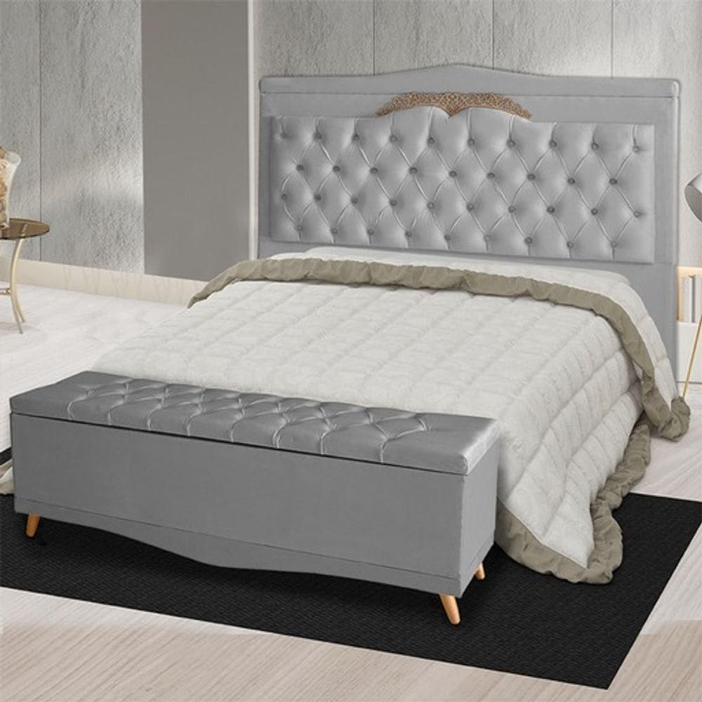 Kit De Cabeceira De Cama Box E Calçadeira Baú Helena Casal 140 Cm Retro Capitonê Suede Prata Eli Móveis
