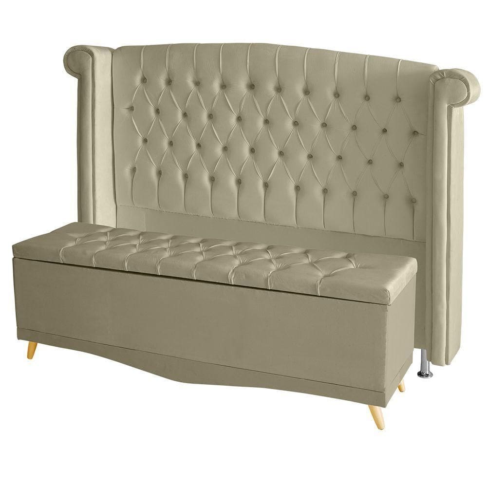 Kit Cabeceira De Cama Box E Calçadeira Baú Luxo Casal 140 Cm Suede Porcelana Eli Móveis