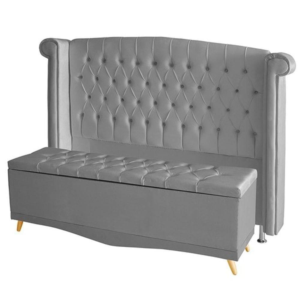 Kit Cabeceira De Cama Box E Calçadeira Baú Luxo Casal 140 Cm Suede Prata Eli Móveis