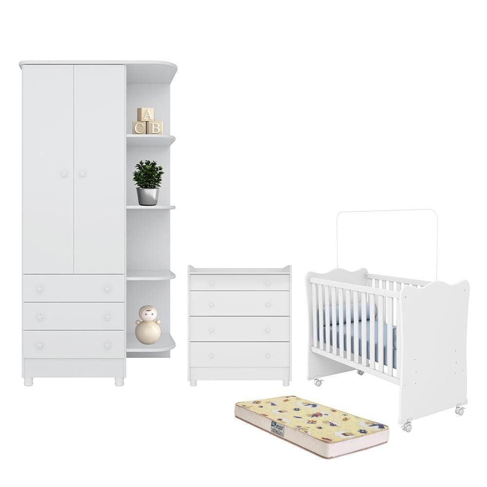 Dormitório Doce Sonho Guarda Roupa, Cômoda Trocador, Berço com Rodízio e Colchão Supreme - Qmovi