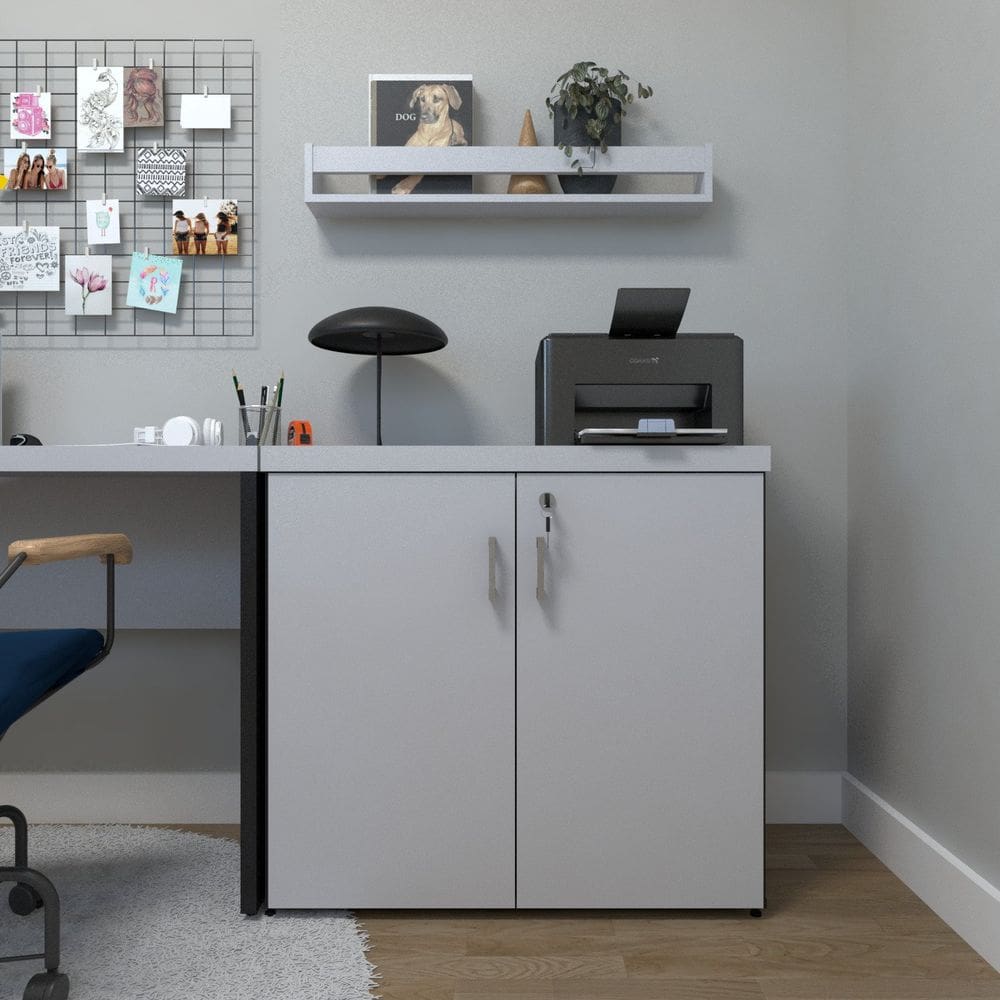 Armário Baixo com 2 Portas para Escritório / Home Office Preto/Cinza Cristal