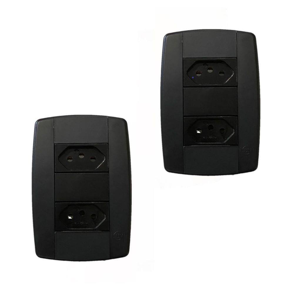 Kit 2 Conjunto 2 Tomadas Preta Monobloco 2P+T 10A 250V 4X2