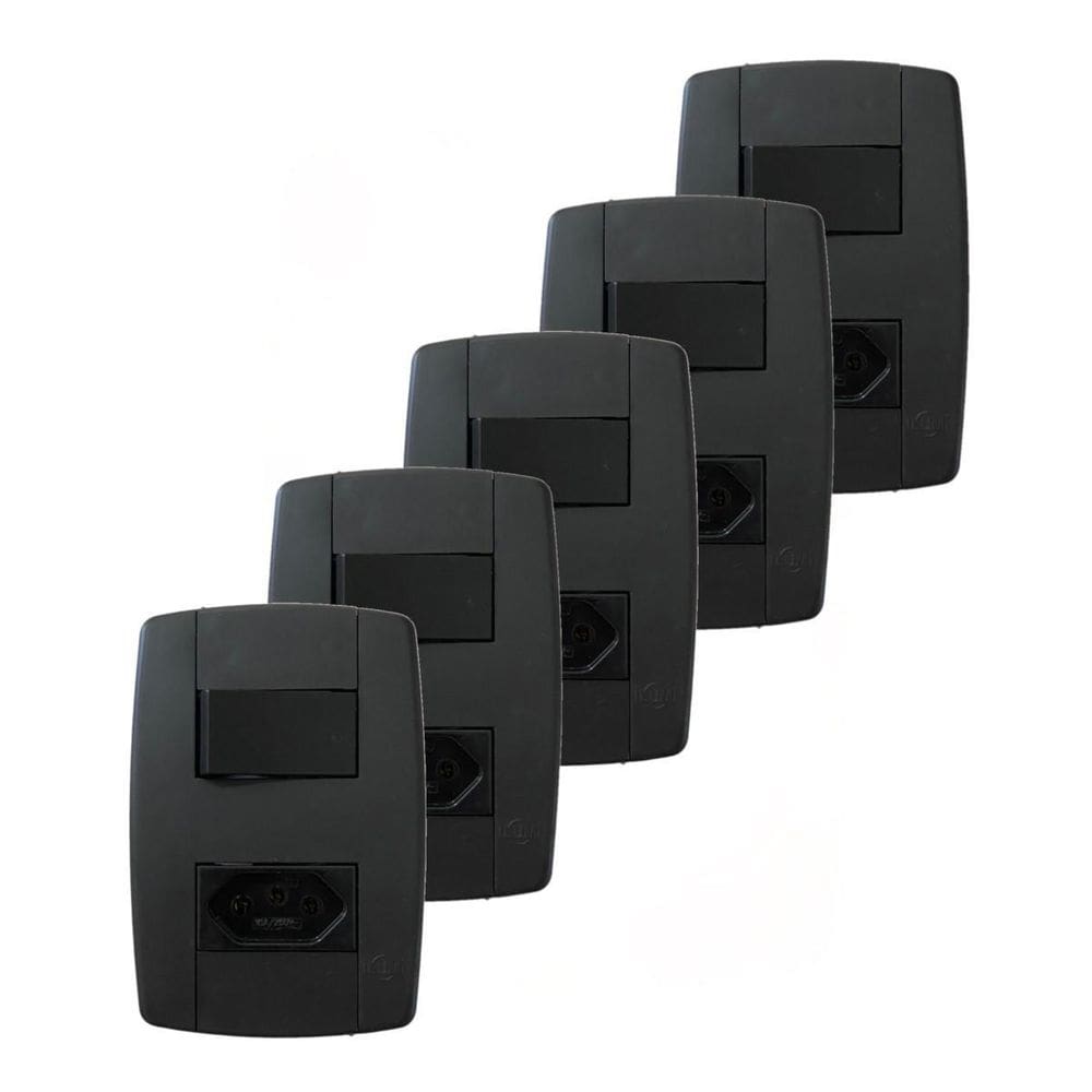 Kit 5 Conjunto Interruptor Simples + Tomada 10A 250V Preta