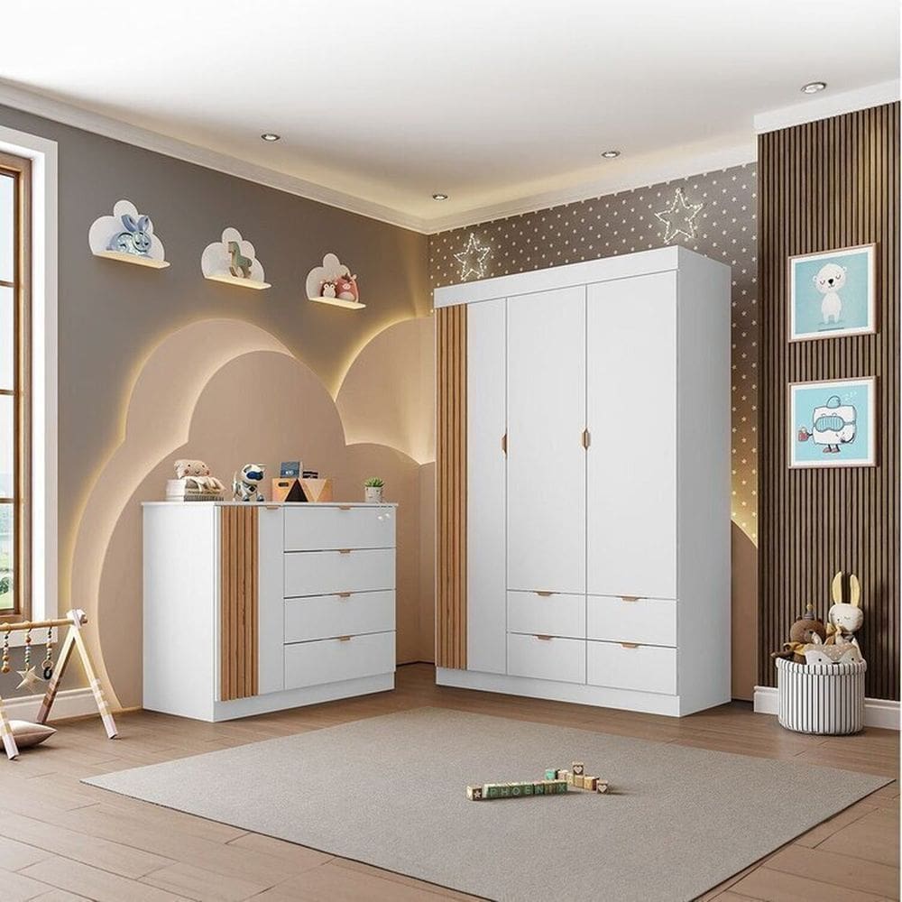 Quarto Infantil Completo Guarda-Roupa 3 Portas 4 Gavetas com Cômoda 100% MDF Ayla Branco