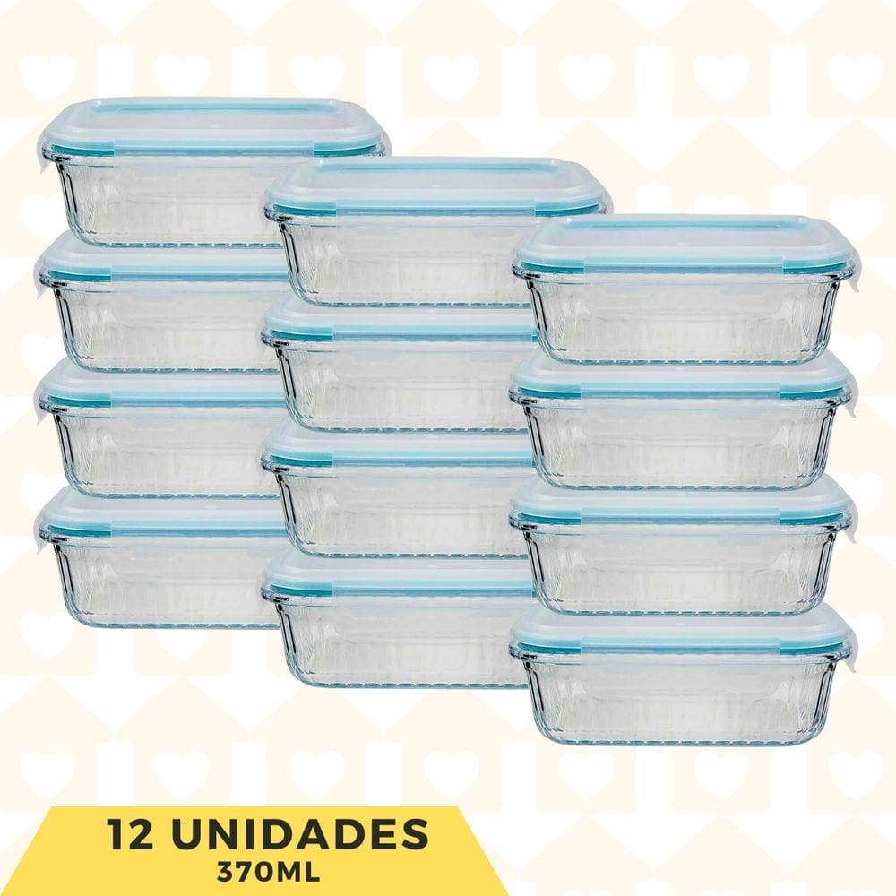 12UN Pote Canelado 370ML Retangular Vidro Hermético Lancheira