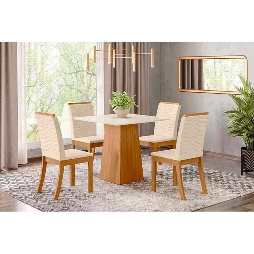 Sala de Jantar Completa Dora Tampo Madeirado 90cm e 4 Cadeiras Isa Nature/Linho - Henn