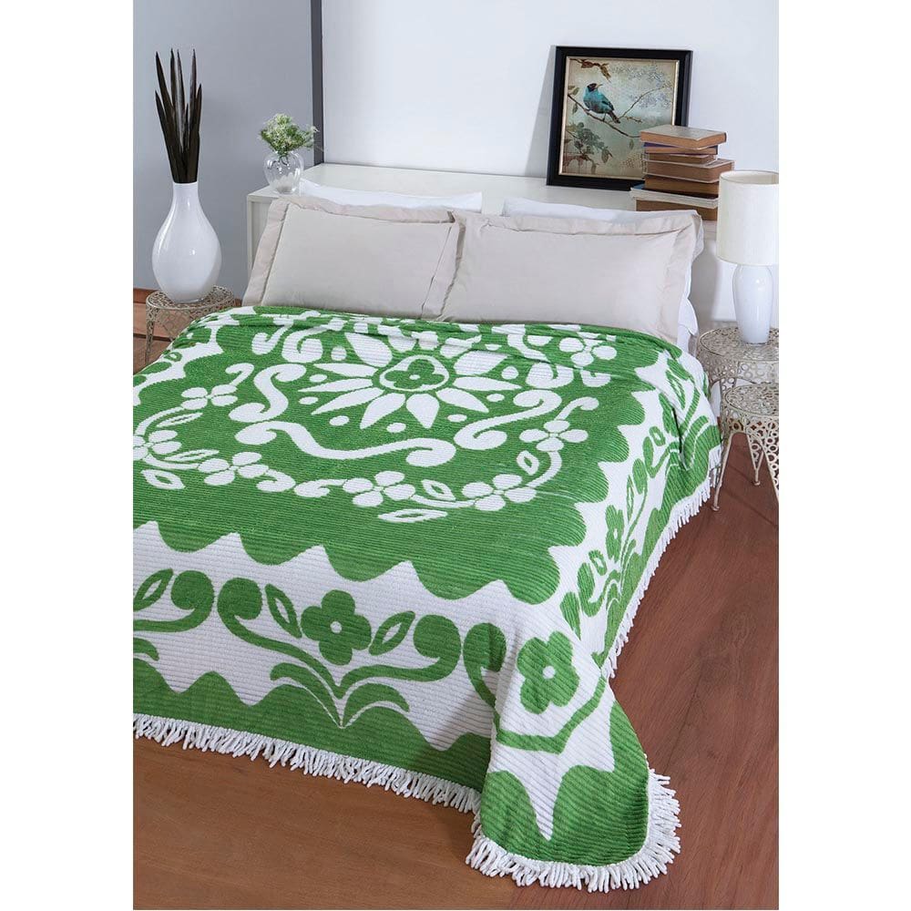 Colcha Chenille Canelada Flórida 220x240cm Verde/Bco Jolitex