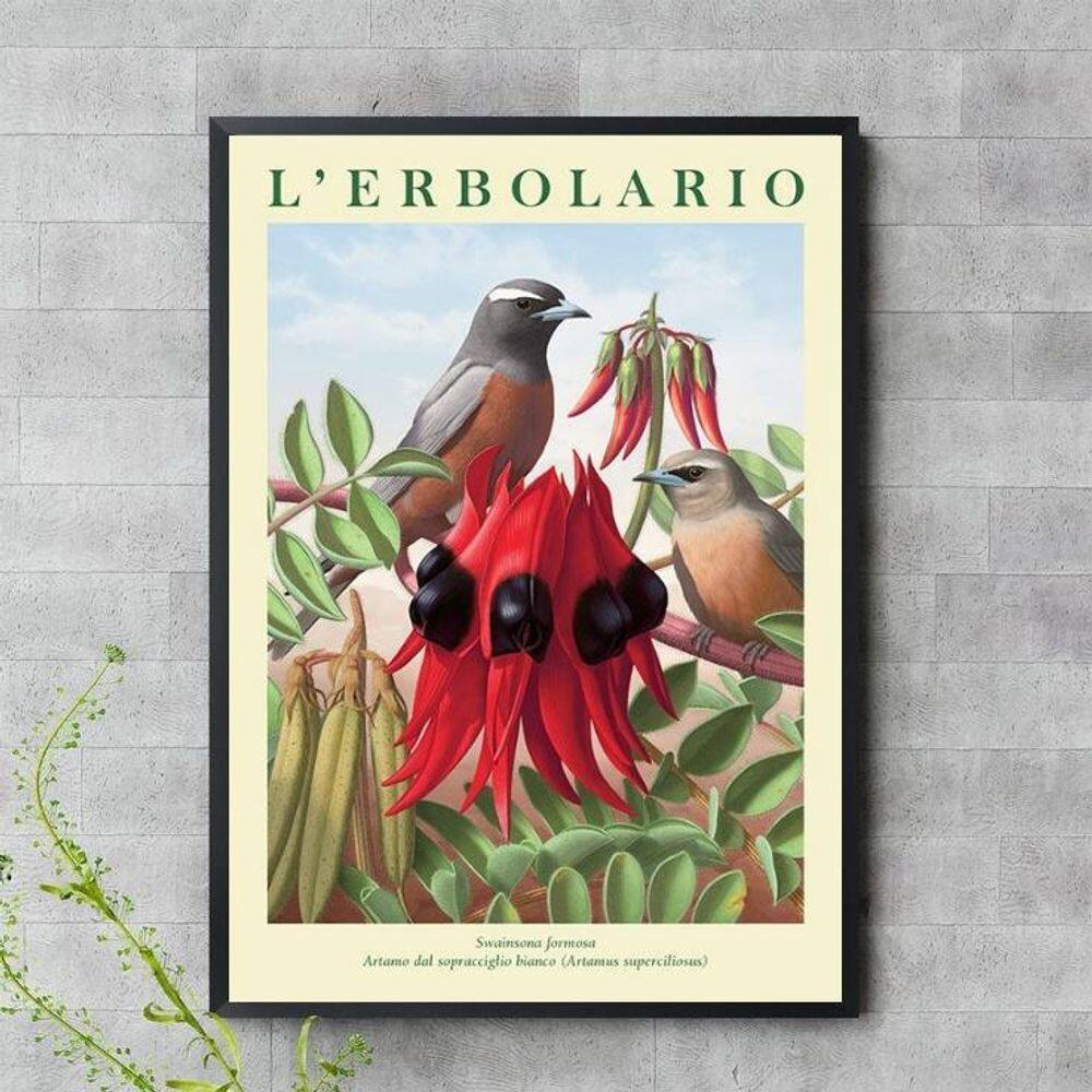 Quadro Flor Vermelha Com Passarinho 45X34Cm