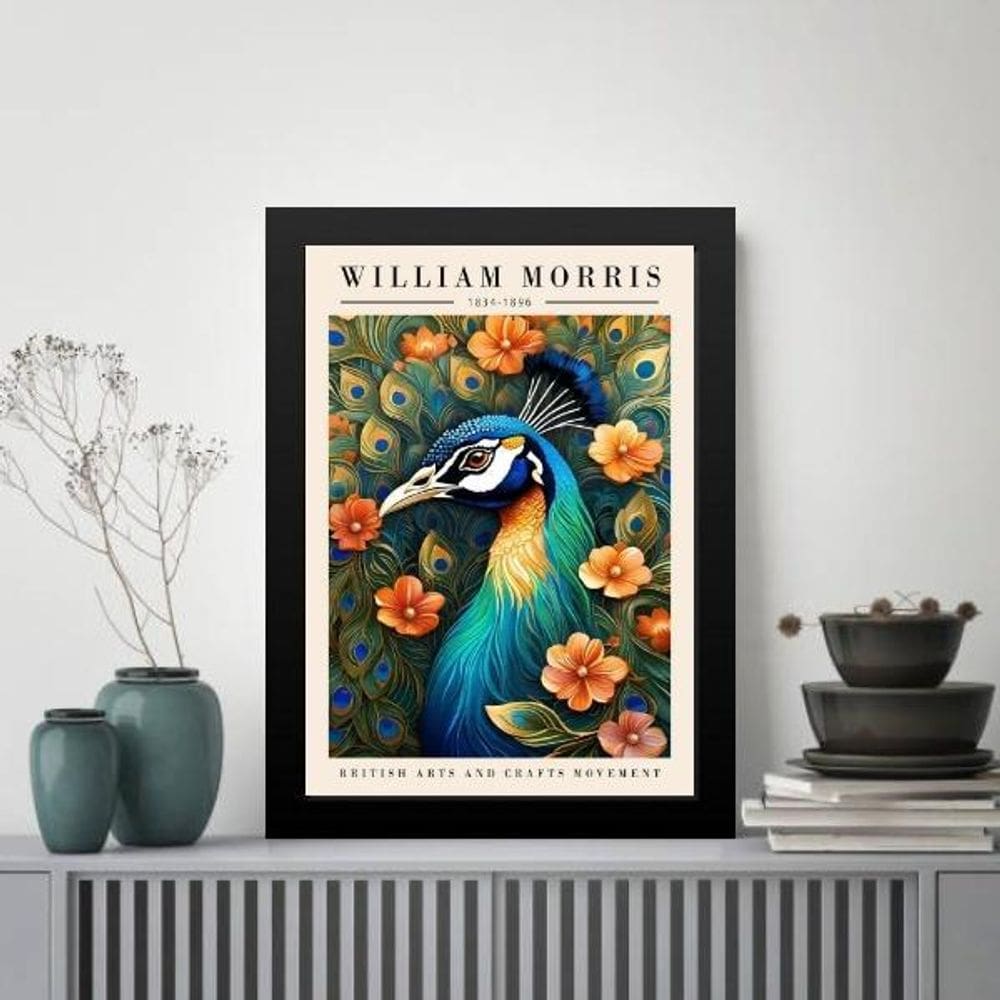 Quadro Poster Pavão - William Morris 24X18Cm - Com Vidro