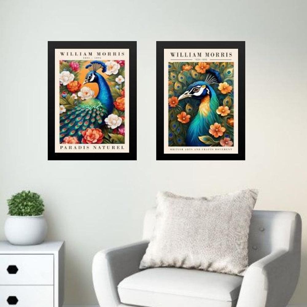 Kit 2 Quadros Arte Pavão - William Morris 24X18Cm