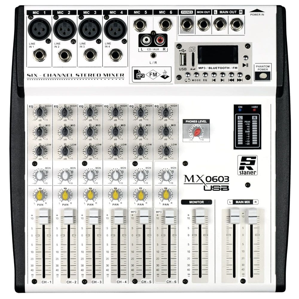 Mesa De Som Staner MX 0603 USB 6 Canais BT P10 RCA AUX